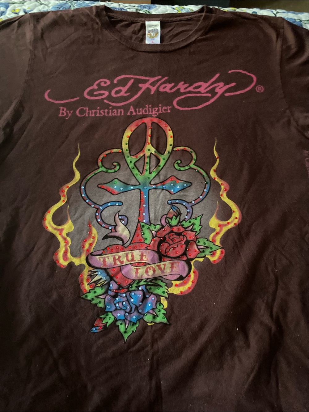 Christian Audigier Brown Tee with Multicolor 'True Love' Graphic